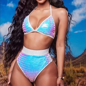 Fashion Nova Sequin Festival/Rave 2 Piece Set - Blue/Pink/White